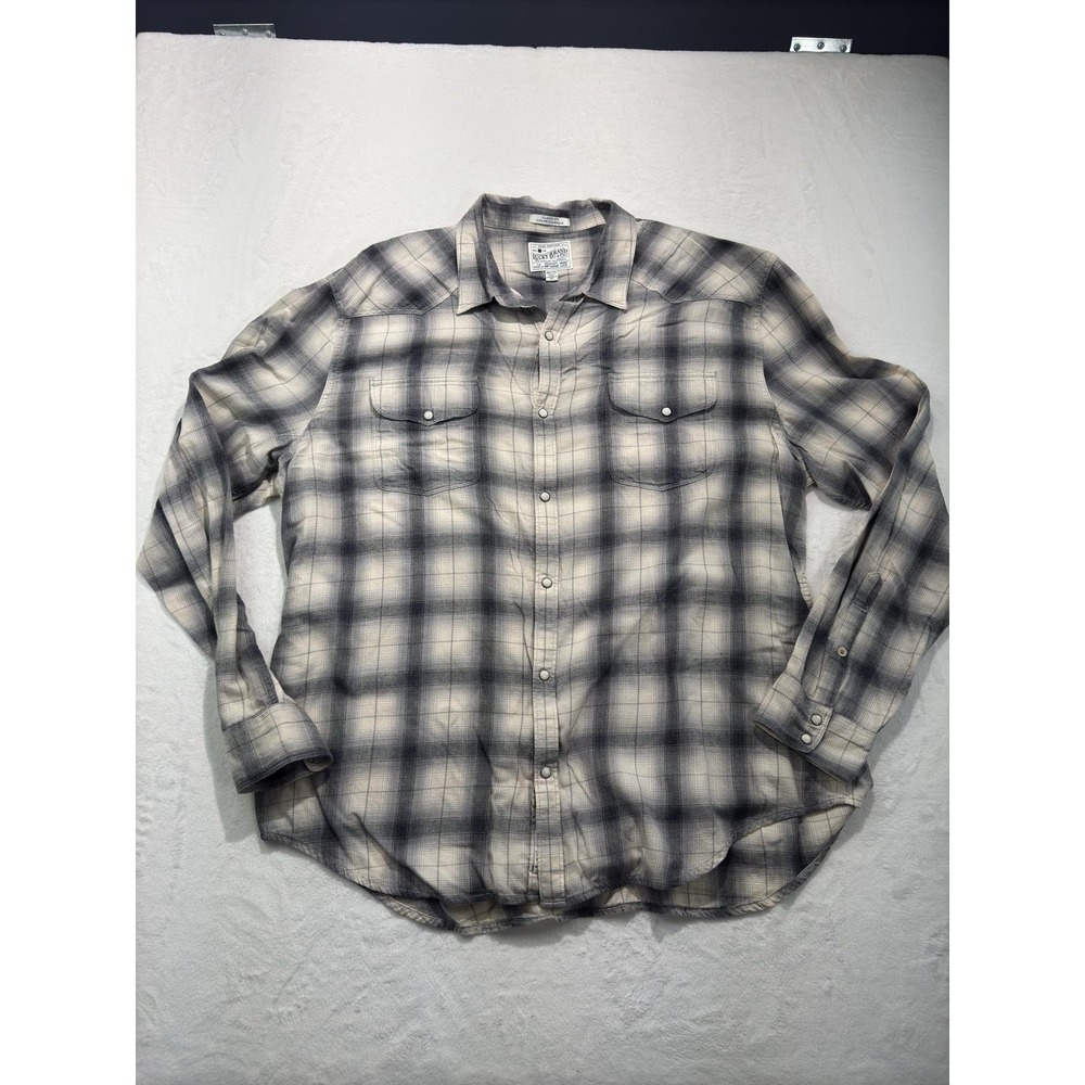 Lucky Brand Shirt Mens 2XL Gray Plaid Flannel Snap Front Long Sleeve Casual‎